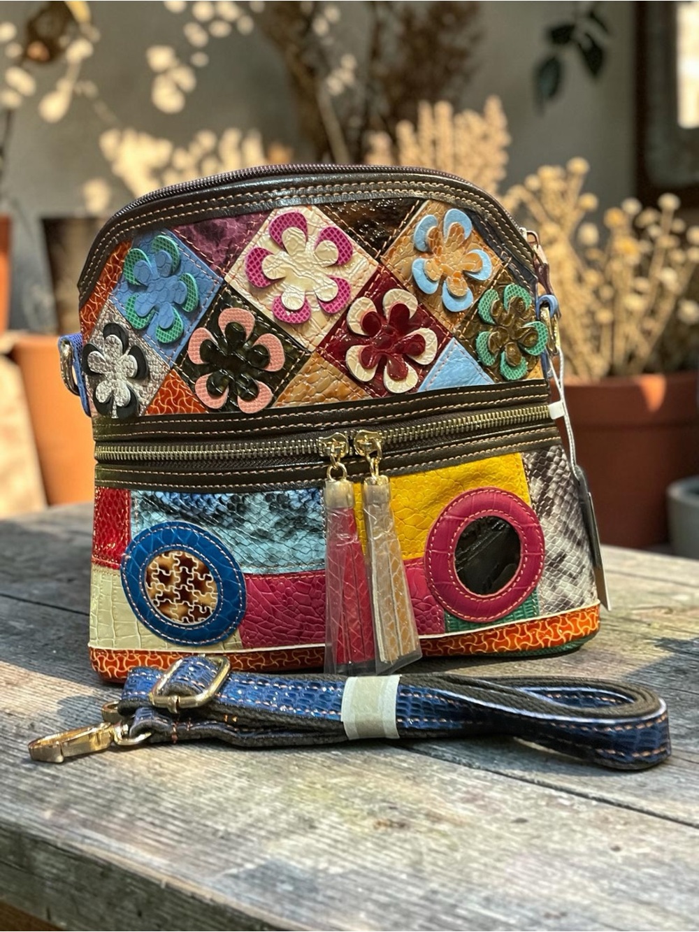 Colorful Patchwork Floral Crossbody Bag - Tassel Zips - Upcycled - Leather